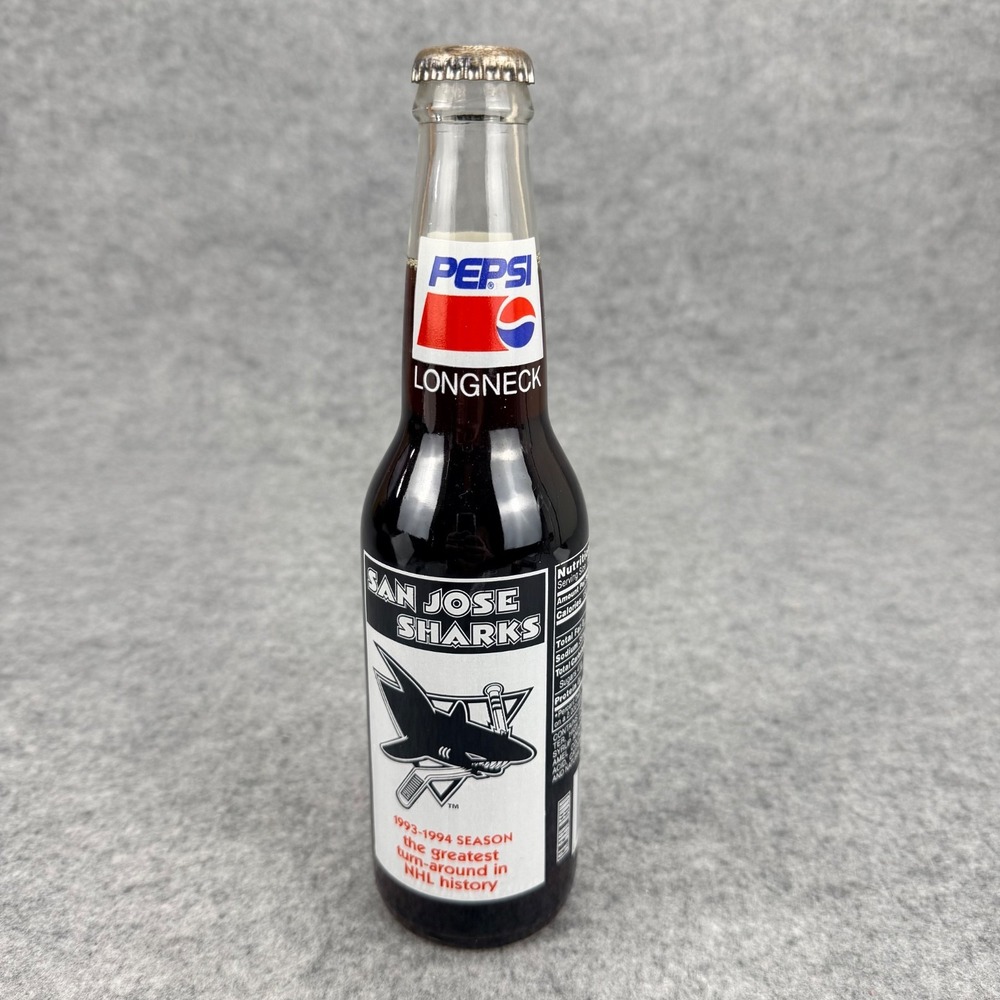 Vintage 1993-94 San Jose Sharks Pepsi Longneck 12oz Glass Bottle Sealed NHL Soda